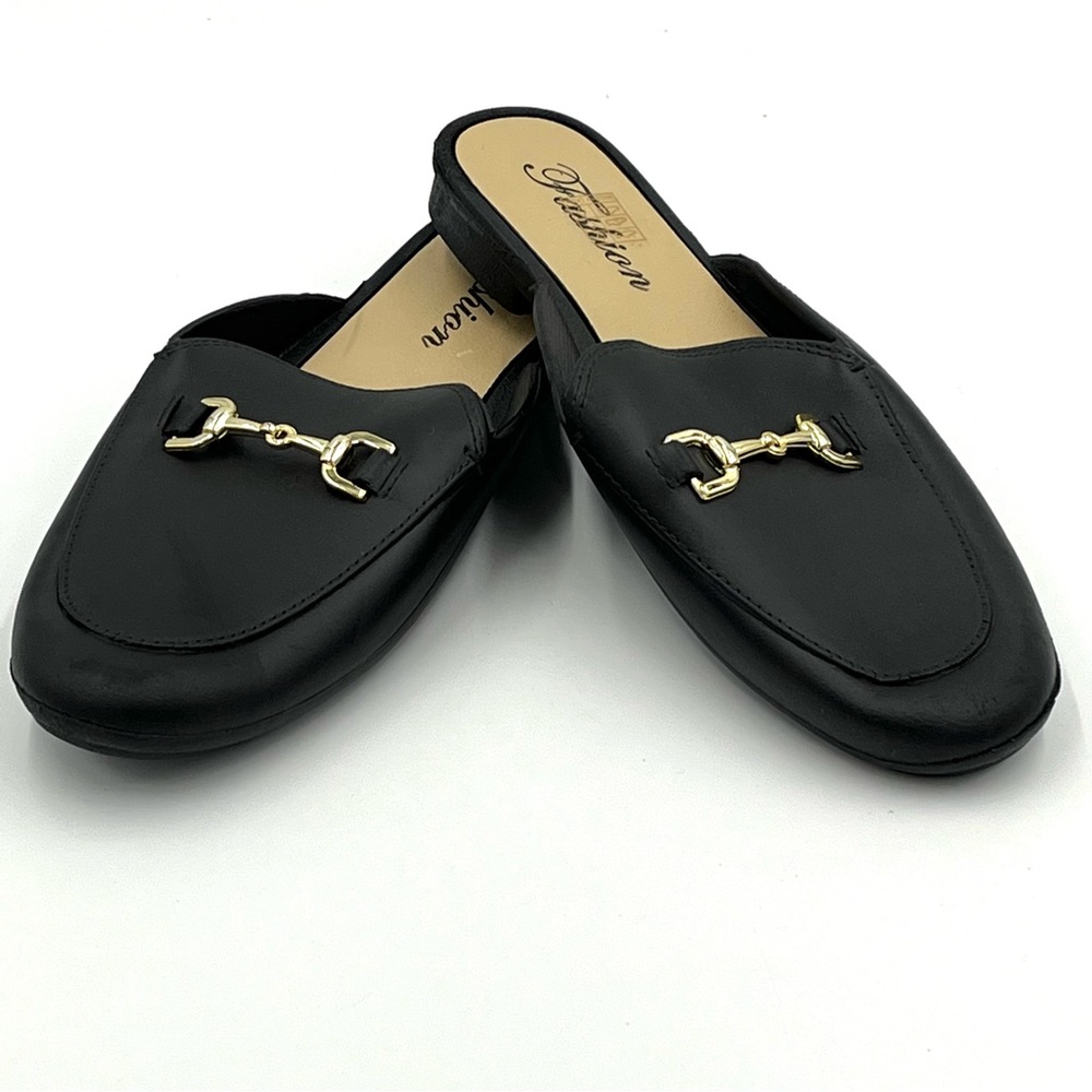NWOB Fashion Black Faux Leather Buckle Mules Size 40 (SWS001)